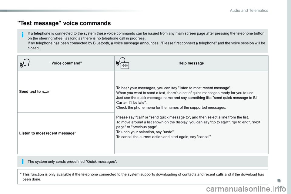 CITROEN DISPATCH SPACETOURER 2017 Handbook (in English) 341
"Voice command"Help message
Send text to <...> To hear your messages, you can say "listen to most recent message".
When you want to send a text, there's a set of quick messag CITROEN DISPATCH SPACETOURER 2017 Handbook (in English) 341
"Voice command"Help message
Send text to <...> To hear your messages, you can say "listen to most recent message".
When you want to send a text, there's a set of quick messag