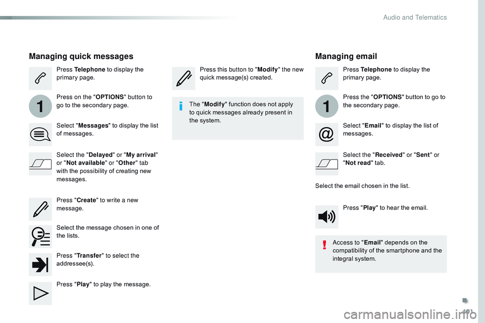 CITROEN DISPATCH SPACETOURER 2017 Handbook (in English) 401
11
Managing email
Press this button to "Modify" the new
quick message(s) created. Press Telephone
to display the
primary page.
Press the " OPTIONS" button to go to
the secondar CITROEN DISPATCH SPACETOURER 2017 Handbook (in English) 401
11
Managing email
Press this button to "Modify" the new
quick message(s) created. Press Telephone
to display the
primary page.
Press the " OPTIONS" button to go to
the secondar