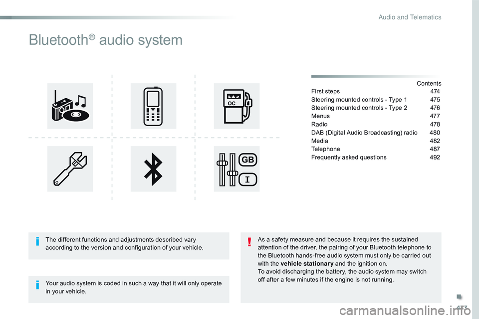 CITROEN DISPATCH SPACETOURER 2017 Handbook (in English) 473
Bluetooth® audio system
Contents
First steps
4 74
Steering mounted controls - Type 1
4
75
Steering mounted controls - Type 2
4
76
Menus
47
7
Radio
47
8
DAB (Digital Audio Broadcasting) CITROEN DISPATCH SPACETOURER 2017 Handbook (in English) 473
Bluetooth® audio system
Contents
First steps
4 74
Steering mounted controls - Type 1
4
75
Steering mounted controls - Type 2
4
76
Menus
47
7
Radio
47
8
DAB (Digital Audio Broadcasting)