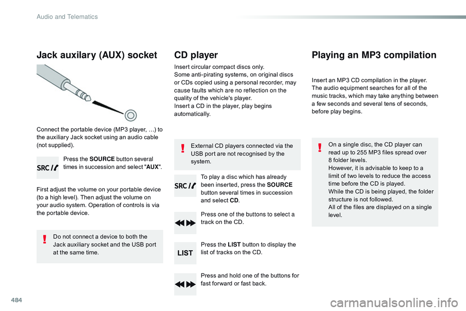 CITROEN DISPATCH SPACETOURER 2017 Handbook (in English) 484
Jack auxilary (AUX) socket
Connect the portable device (MP3 player, …) to
the auxiliary Jack socket using an audio cable
(not supplied).Press the SOURCE button several
times in succession an CITROEN DISPATCH SPACETOURER 2017 Handbook (in English) 484
Jack auxilary (AUX) socket
Connect the portable device (MP3 player, …) to
the auxiliary Jack socket using an audio cable
(not supplied).Press the SOURCE button several
times in succession an