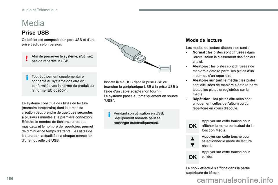 CITROEN DISPATCH SPACETOURER 2017 Handbook (in English) 156
Media
Prise USB
Ce boîtier est composé d'un port USB et d’une
prise Jack, selon version.Insérer la clé USB dans la prise USB ou
brancher le périphérique USB à la prise USB à
l' CITROEN DISPATCH SPACETOURER 2017 Handbook (in English) 156
Media
Prise USB
Ce boîtier est composé d'un port USB et d’une
prise Jack, selon version.Insérer la clé USB dans la prise USB ou
brancher le périphérique USB à la prise USB à
l'