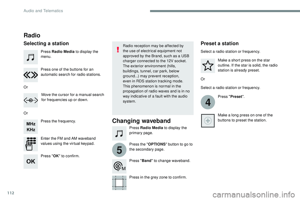 CITROEN DISPATCH SPACETOURER 2017 Handbook (in English) 112
4
5
Transversal-Citroen_en_Chap02_RCC-2-2-0_ed01-2016
Press Radio Media to display the
menu.
Press Radio Media to display the
primary page.
Press the frequency.
Enter the FM and AM waveband
val CITROEN DISPATCH SPACETOURER 2017 Handbook (in English) 112
4
5
Transversal-Citroen_en_Chap02_RCC-2-2-0_ed01-2016
Press Radio Media to display the
menu.
Press Radio Media to display the
primary page.
Press the frequency.
Enter the FM and AM waveband
val