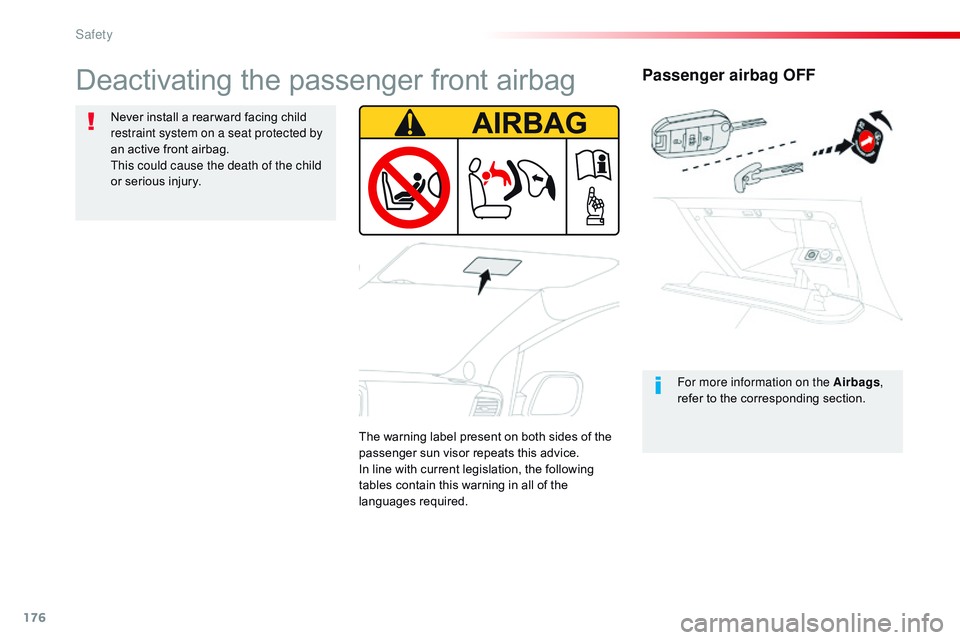 CITROEN DISPATCH SPACETOURER DAG 2017  Handbook (in English) 176
Spacetourer-VP_en_Chap05_securite_ed01-2016
Passenger airbag OFF
For more information on the Airbags, 
refer to the corresponding section.
Deactivating the passenger front airbag
Never install a r