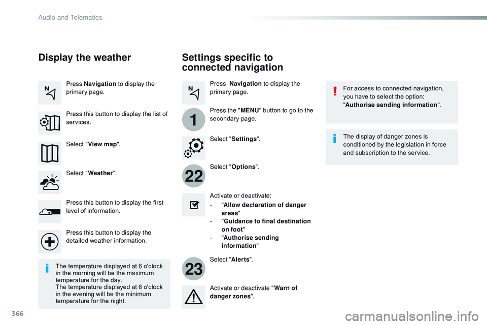 CITROEN DISPATCH SPACETOURER DAG 2017 Handbook (in English) 366
22
23
1
Spacetourer-VP_en_Chap10b_NAC-1_ed01-2016
Settings specific to
connected navigation
For access to connected navigation,
you have to select the option:
"Authorise sending information CITROEN DISPATCH SPACETOURER DAG 2017 Handbook (in English) 366
22
23
1
Spacetourer-VP_en_Chap10b_NAC-1_ed01-2016
Settings specific to
connected navigation
For access to connected navigation,
you have to select the option:
"Authorise sending information
