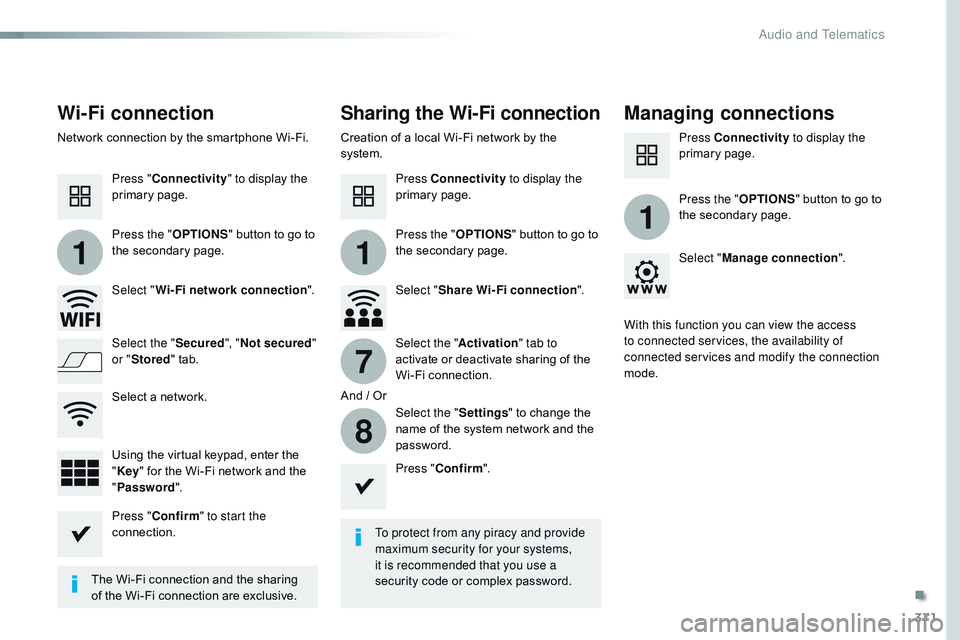 CITROEN DISPATCH SPACETOURER DAG 2017 Handbook (in English) 371
11
1
7
8
Spacetourer-VP_en_Chap10b_NAC-1_ed01-2016
Wi-Fi connectionSharing the Wi-Fi connectionManaging connections
To protect from any piracy and provide
maximum security for your systems,
it i CITROEN DISPATCH SPACETOURER DAG 2017 Handbook (in English) 371
11
1
7
8
Spacetourer-VP_en_Chap10b_NAC-1_ed01-2016
Wi-Fi connectionSharing the Wi-Fi connectionManaging connections
To protect from any piracy and provide
maximum security for your systems,
it i