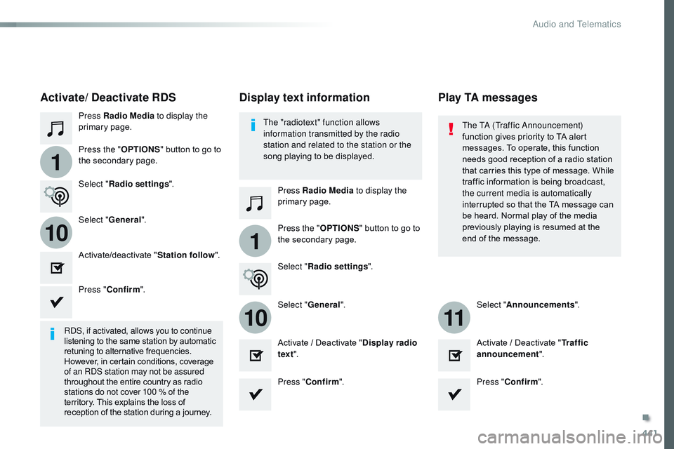 CITROEN DISPATCH SPACETOURER DAG 2017  Handbook (in English) 441
1
110
1011
Spacetourer-VP_en_Chap10c_RCC-1_ed01-2016
Press Radio Media to display the 
primary page.
Press Radio Media to display the 
primary page.
Press the "
OPTIONS" button to go to 
t