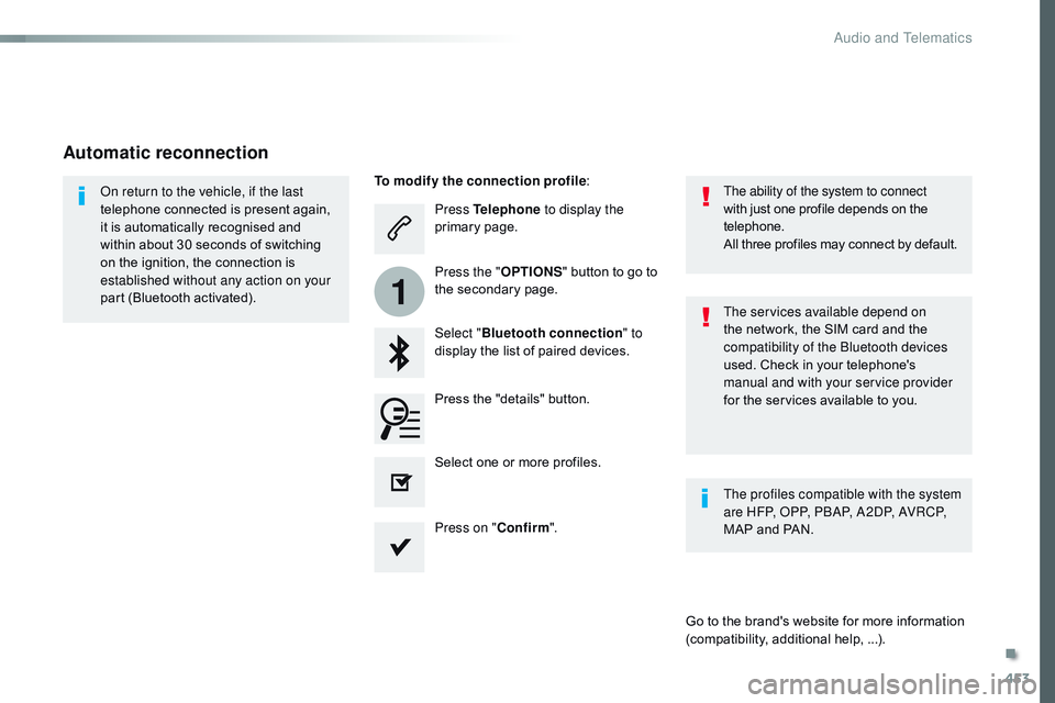 CITROEN DISPATCH SPACETOURER DAG 2017 Handbook (in English) 453
1
Spacetourer-VP_en_Chap10c_RCC-1_ed01-2016
Press Telephone to display the
primary page.
Select " Bluetooth connection " to
display the list of paired devices.
On return to the vehicle, CITROEN DISPATCH SPACETOURER DAG 2017 Handbook (in English) 453
1
Spacetourer-VP_en_Chap10c_RCC-1_ed01-2016
Press Telephone to display the
primary page.
Select " Bluetooth connection " to
display the list of paired devices.
On return to the vehicle,