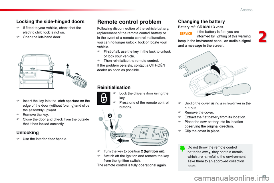 CITROEN DISPATCH SPACETOURER DAG 2017  Handbook (in English) 51
Spacetourer-VP_en_Chap02_ouvertures_ed01-2016
Changing the battery
Do not throw the remote control 
batteries away, they contain metals 
which are harmful to the environment.
Take them to an approv