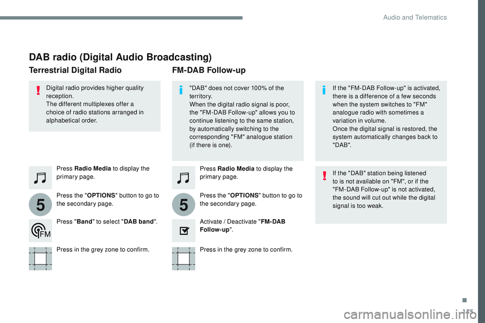 CITROEN DISPATCH SPACETOURER DAG 2017 Handbook (in English) 115
55
Transversal-Citroen_en_Chap02_RCC-2-2-0_ed01-2016
DAB radio (Digital Audio Broadcasting)
Press Radio Media to display the
primary page.
Press the " OPTIONS" button to go to
the second CITROEN DISPATCH SPACETOURER DAG 2017 Handbook (in English) 115
55
Transversal-Citroen_en_Chap02_RCC-2-2-0_ed01-2016
DAB radio (Digital Audio Broadcasting)
Press Radio Media to display the
primary page.
Press the " OPTIONS" button to go to
the second