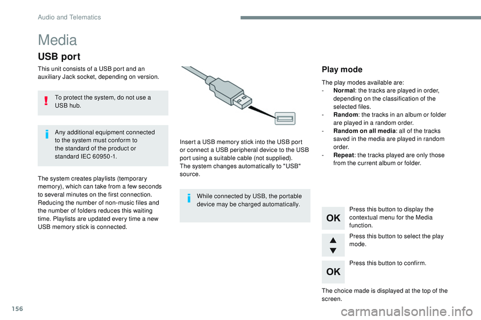 CITROEN DISPATCH SPACETOURER DAG 2017 Handbook (in English) 156
Media
USB port
This unit consists of a USB port and an
auxiliary Jack socket, depending on version.Insert a USB memory stick into the USB port
or connect a USB peripheral device to the USB
port CITROEN DISPATCH SPACETOURER DAG 2017 Handbook (in English) 156
Media
USB port
This unit consists of a USB port and an
auxiliary Jack socket, depending on version.Insert a USB memory stick into the USB port
or connect a USB peripheral device to the USB
port