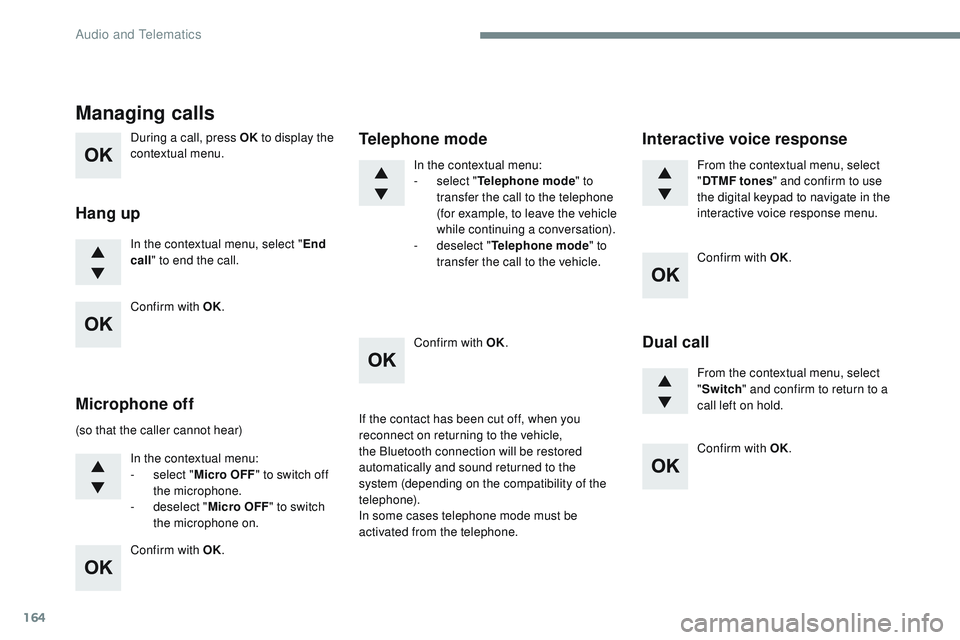 CITROEN DISPATCH SPACETOURER DAG 2017 Handbook (in English) 164
During a call, press OK to display the
contextual menu.
In the contextual menu, select " End
call " to end the call.
Managing calls
Hang up
(so that the caller cannot hear)
In the contex CITROEN DISPATCH SPACETOURER DAG 2017 Handbook (in English) 164
During a call, press OK to display the
contextual menu.
In the contextual menu, select " End
call " to end the call.
Managing calls
Hang up
(so that the caller cannot hear)
In the contex