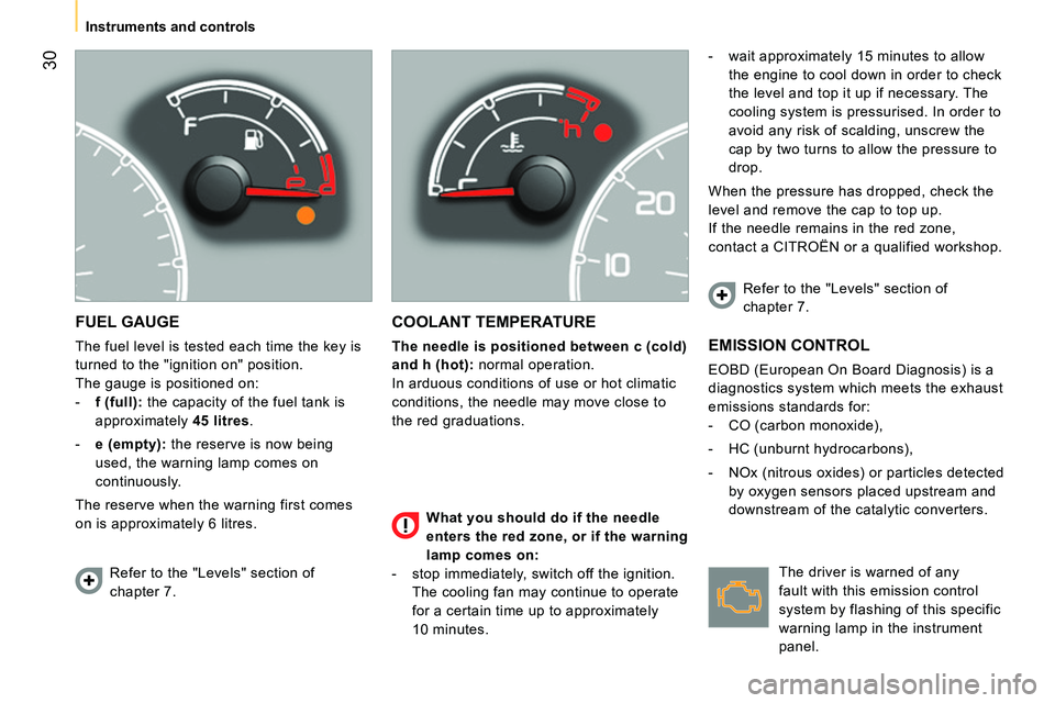 CITROEN NEMO 2014  Handbook (in English)  30
Instruments and controls
 
FUEL GAUGE 
 
The fuel level is tested each time the key is 
turned to the "ignition on" position. 
  The gauge is positioned on: 
   
 
-   f 
  (full): 
 the capacity 