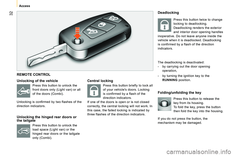 CITROEN NEMO 2014  Handbook (in English)  32
 
 
 
Access  
 
 
 
Central locking 
   
Folding/unfolding the key     
Unlocking of the vehicle 
   
Unlocking the hinged rear doors or 
the tailgate 
  Press this button to release the 
key fro