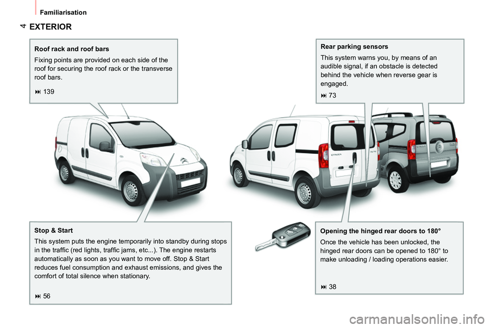 CITROEN NEMO 2014  Handbook (in English)  4
 
Familiarisation 
 
EXTERIOR  
 
 
Roof rack and roof bars 
  Fixing points are provided on each side of the 
roof for securing the roof rack or the transverse 
roof bars.  
   
Opening the hinged