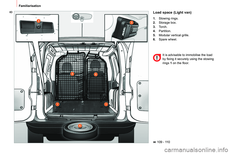 CITROEN NEMO 2014  Handbook (in English)  8
 
Familiarisation 
 
Load space (Light van) 
 
 
 
1. 
 Stowing rings. 
   
2. 
 Storage box. 
   
3. 
 Torch. 
   
4. 
 Partition. 
   
5. 
  Modular vertical grille. 
   
6. 
 Spare wheel.  
  It