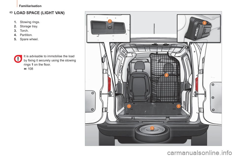CITROEN NEMO 2013  Handbook (in English)  8
 
Familiarisation 
 
LOAD SPACE (LIGHT VAN) 
 
 
 
1. 
 Stowing rings. 
   
2. 
 Storage tray. 
   
3. 
 Torch. 
   
4. 
 Partition. 
   
5. 
 Spare wheel.  
  It is advisable to immobilise the loa