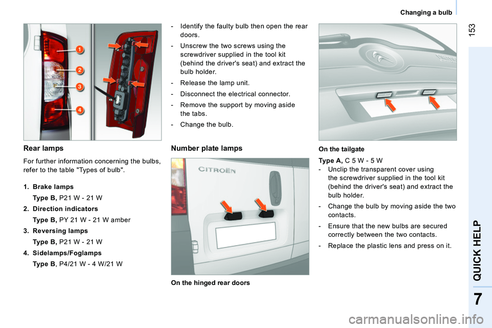 CITROEN NEMO DAG 2014 Handbook (in English) 153
7
QUICK HELP
Changing a bulb
Rear lamps
- Identify the faulty bulb then open the rear
doors.
- Unscrew the two screws using the
screwdriver supplied in the tool k CITROEN NEMO DAG 2014 Handbook (in English) 153
7
QUICK HELP
Changing a bulb
Rear lamps
- Identify the faulty bulb then open the rear
doors.
- Unscrew the two screws using the
screwdriver supplied in the tool k