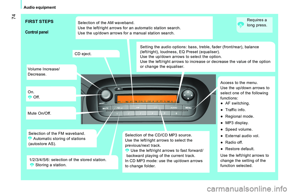 CITROEN NEMO DAG 2014 Handbook (in English) 74
Audio equipment
Volume Increase/
Decrease.
On.
Off.
Mute On/Off.
Selection of the CD/CD MP3 source.
Use the left/right arrows to select the
previous/next track.
Use the left/r CITROEN NEMO DAG 2014 Handbook (in English) 74
Audio equipment
Volume Increase/
Decrease.
On.
Off.
Mute On/Off.
Selection of the CD/CD MP3 source.
Use the left/right arrows to select the
previous/next track.
Use the left/r