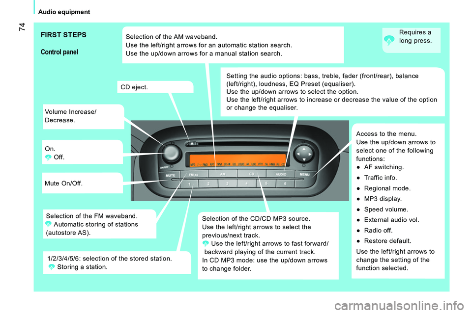 CITROEN NEMO DAG 2014  Handbook (in English)  74
Audio equipment
  Volume Increase/
Decrease. 
  On. 
  Off. 
  Mute On/Off. 
  Selection of the CD/CD MP3 source. 
  Use the left/right arrows to select the 
previous/next track. 
  Use the left/r