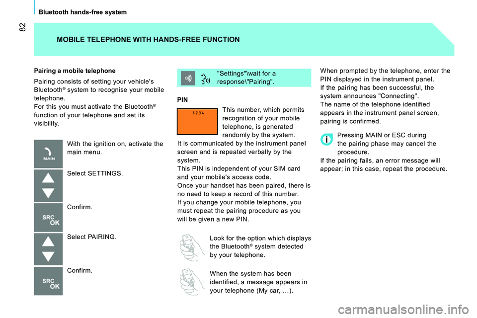 CITROEN NEMO DAG 2014  Handbook (in English)  82
Bluetooth hands-free system
  When prompted by the telephone, enter the 
PIN displayed in the instrument panel. 
  If the pairing has been successful, the 
system announces "Connecting". 
  The na