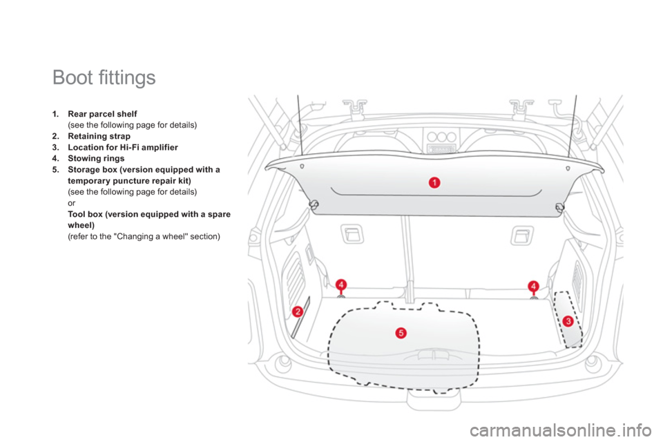 Citroen DS3 RHD 2013 1.G Owners Manual 1.Rear parcel shelff(see the following page for details) 2.Retaining strap3.Location for Hi- Fi amplifier
4.Stowing rings5.Storage box (version equipped with a 
temporary puncture repair kit)(see the 