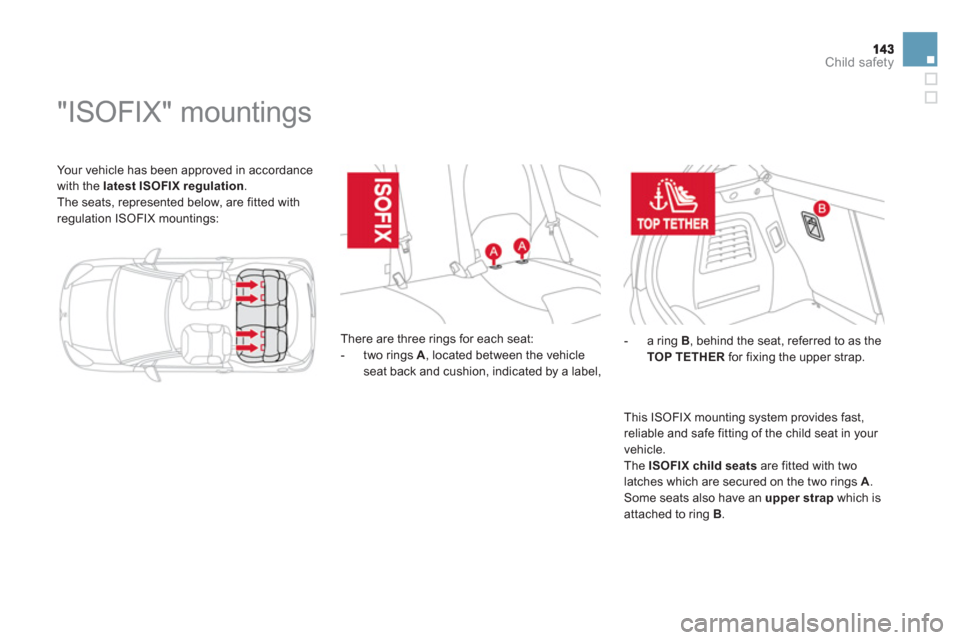 Citroen DS3 RHD 2013 1.G Owners Manual Child safety
Your vehicle has been approved in accordance
with the latest ISOFIXregulation
.
The seats, represented below, are fitted with
regulation ISOFIX mountings:
Citroen DS3 RHD 2013 1.G Owners Manual Child safety
Your vehicle has been approved in accordance
with the latest ISOFIXregulation
.
The seats, represented below, are fitted with
regulation ISOFIX mountings: