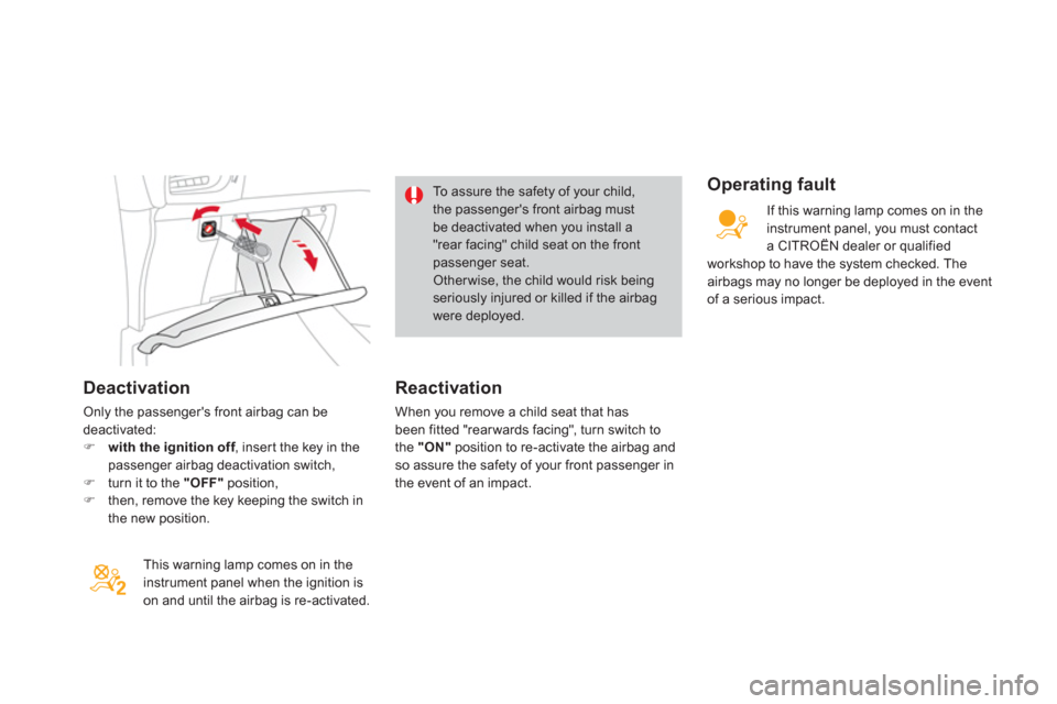 Citroen DS3 RHD 2013 1.G Owners Manual Deactivation
Only the passengers front airbag can be deactivated:�)with the ignition off, inser t the key in thefpassenger airbag deactivation switch, �)turn it to the "OFF"position,�)then, remove th