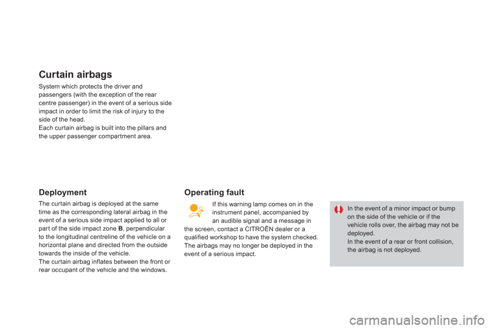 Citroen DS3 RHD 2013 1.G Service Manual Curtain airbags 
System which protects the driver and passengers (with the exception of the rear centre passenger) in the event of a serious side
impact in order to limit the risk of injury to the sid