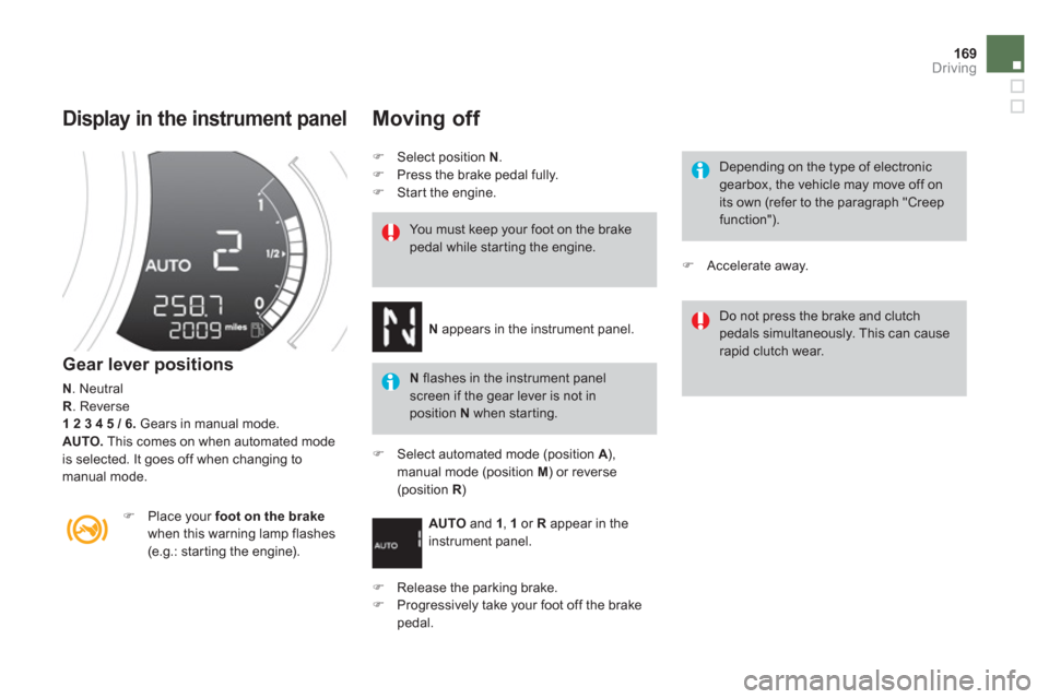 Citroen DS3 RHD 2013 1.G Owners Manual 169Driving
   
Display in the instrument panel 
 
 
Gear lever positions 
N 
. Neutral R 
. Reverse 1 2 3 4 5 / 6.Gears in manual mode.
AUTO.   This comes on when automated mode 
is selected. It goes 