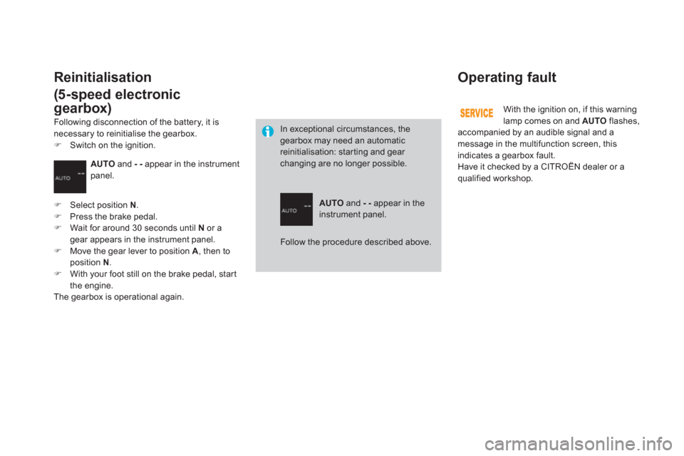 Citroen DS3 RHD 2013 1.G Service Manual    
Operating fault
 
With the ignition on, if this warninglamp comes on and AUTOflashes, 
accompanied by an audible signal and amessage in the multifunction screen, this 
indicates a gearbox fault.Ha