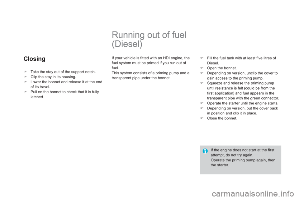 Citroen DS3 RHD 2013 1.G Owners Manual Closing
   
 
 
 
 
 
 
 
Running out of fuel 
(Diesel) 
  If your vehicle is fitted with an HDI engine, thefuel system must be primed if you run out of fuel.
  This system consists of a priming pump 