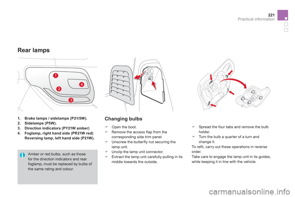 Citroen DS3 RHD 2013 1.G Owners Manual 221Practical information
1.Brake lamps / sidelamps (P21/5W).2.Sidelamps (P5W).3.Direction indicators (PY21W amber)4.Foglamp, right hand side (PR21W red)Reversing lamp, left hand side (P21W).
Rear lamp