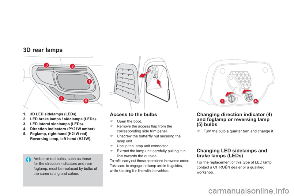 Citroen DS3 RHD 2013 1.G Owners Manual    
Changing direction indicator (4)and foglamp or reversing lamp(5) bulbs 
�)Turn the bulb a quar ter turn and change it.
 
 
Changing LED sidelamps and
brake lamps (LEDs)
  For the replacement of th