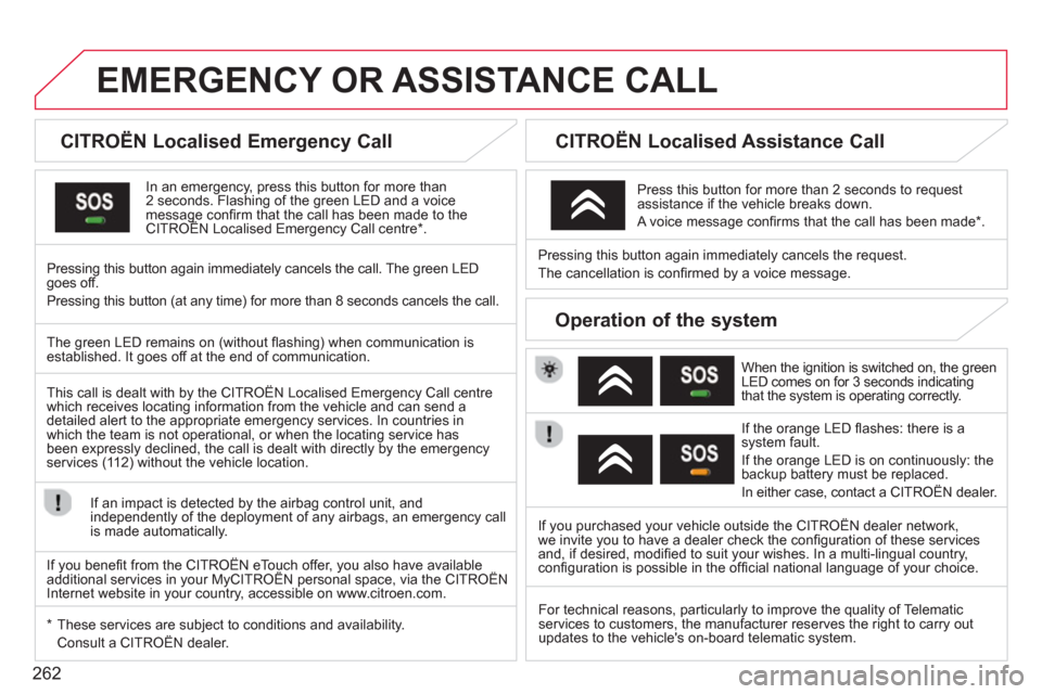 Citroen DS3 RHD 2013 1.G Owners Manual 262
EMERGENCY OR ASSISTANCE CALL
   
 
 
 
 
 
 
CITROËN Localised Emergency Call  
In an emergency, press this button for more than2 seconds. Flashing of the green LED and a voice message conﬁ rm 