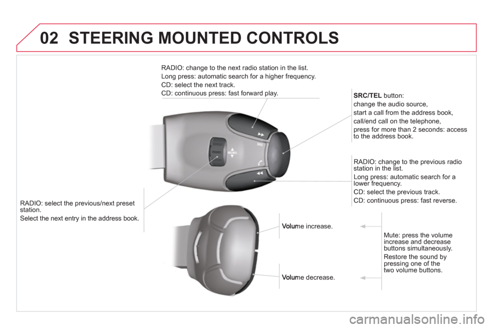 Citroen DS3 RHD 2013 1.G Owners Manual 02STEERING MOUNTED CONTROLS
RADIO: select the previous/next preset station. 
Select the next entry in the address book.  SRC/TEL
button: 
  c
hange the audio source, 
  start a call 
from the address 