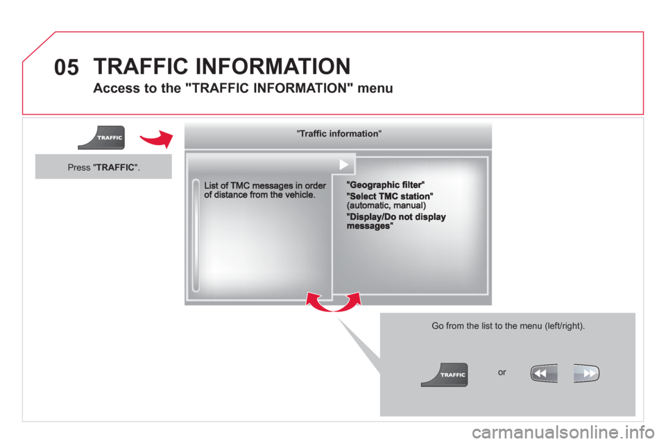 Citroen DS3 RHD 2013 1.G Owners Manual 05 TRAFFIC INFORMATION
Access to the "TRAFFIC INFORMATION" menu
Go from the list to the menu (left/right).
"""""""ac o at oTraffi c informationTraffic informationTraffic informationTr Citroen DS3 RHD 2013 1.G Owners Manual 05 TRAFFIC INFORMATION
Access to the "TRAFFIC INFORMATION" menu
Go from the list to the menu (left/right).
"""""""ac o at oTraffi c informationTraffic informationTraffic informationTr