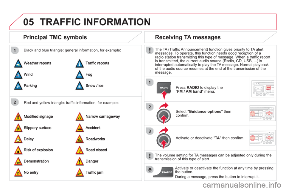 Citroen DS3 RHD 2013 1.G Owners Manual 05TRAFFIC INFORMATION
Principal TMC symbols
   
Red and yellow triangle: trafﬁ c information, for example:     
Black and blue trian
gle: general information, for example: 
Receiving TA messages
 
 