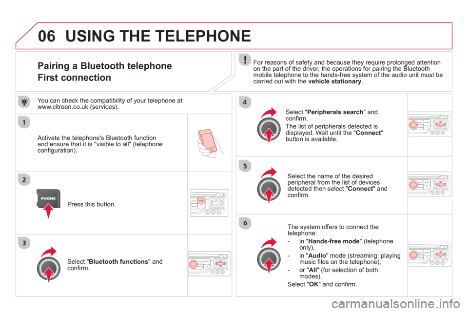 Citroen DS3 RHD 2013 1.G Owners Manual 06
Pairing a Bluetooth telephone  
First connection   For reasons of safety and because they require prolonged attention
on the part of the driver, the operations for pairing the Bluetoothmobile telep