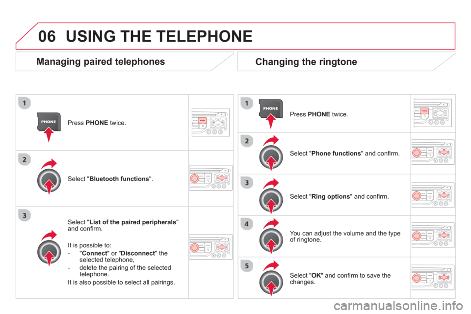 Citroen DS3 RHD 2013 1.G Owners Manual 06
Press  PHONEtwice.
Select " List of the paired peripherals"and conﬁ rm.  
It is possible to:
-  
" 
Connect" or " Disconnect " theselected telephone,
-   delete the pairin
g of the selected 
tele