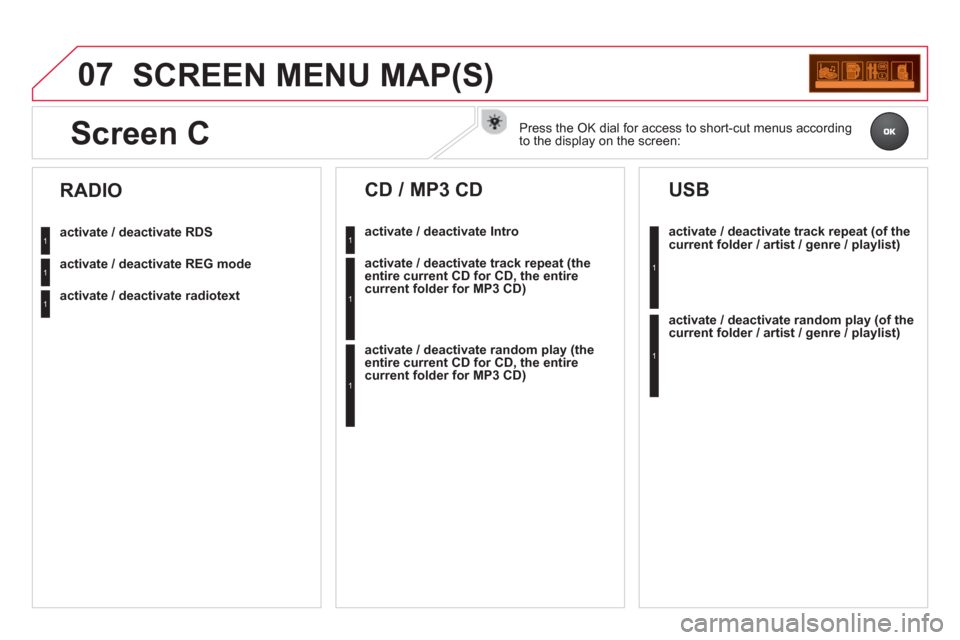 Citroen DS3 RHD 2013 1.G Owners Manual 07SCREEN MENU MAP(S)
activate / deactivate RDS
activate / deactivate REG mode
activate / deactivate radiotext
RADIO
activate / deactivate Intro
CD / MP3 CD
activate / deactivate track repeat Citroen DS3 RHD 2013 1.G Owners Manual 07SCREEN MENU MAP(S)
activate / deactivate RDS
activate / deactivate REG mode
activate / deactivate radiotext
RADIO
activate / deactivate Intro
CD / MP3 CD
activate / deactivate track repeat