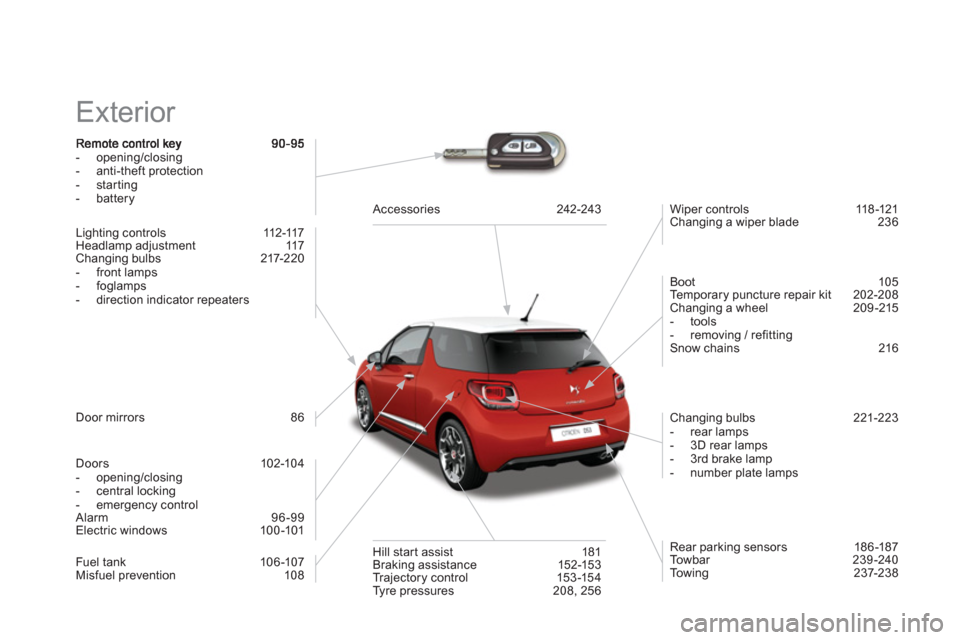 Citroen DS3 RHD 2013 1.G User Guide Exterior
- opening/closing
- anti-theft protection
- starting
- battery
Lighting controls 112-117
Headlamp adjustment 117
Changing bulbs 217-220
- front lamps
- foglamps
- directio Citroen DS3 RHD 2013 1.G User Guide Exterior
- opening/closing
- anti-theft protection
- starting
- battery
Lighting controls 112-117
Headlamp adjustment 117
Changing bulbs 217-220
- front lamps
- foglamps
- directio