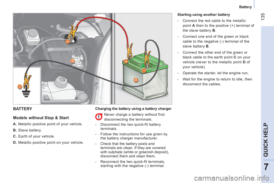 CITROEN NEMO DAG 2013  Handbook (in English)  135
7
QUICK HELP
 
 
 
Battery  
 
 
BATTERY 
 
 
Models without Stop & Start 
 
 
 
A. 
  Metallic positive point of your vehicle. 
   
B. 
 Slave battery. 
   
C. 
  Earth of your vehicle. 
   
D. 