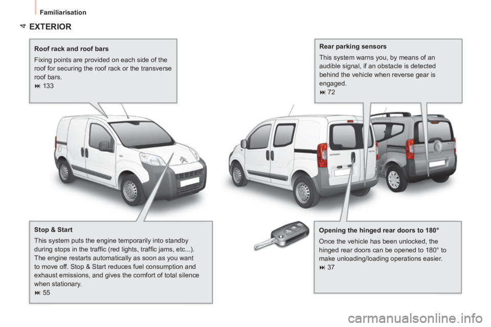 CITROEN NEMO DAG 2013  Handbook (in English)  4
 
Familiarisation 
 
EXTERIOR  
 
 
Roof rack and roof bars 
  Fixing points are provided on each side of the 
roof for securing the roof rack or the transverse 
roof bars. 
   
 
� 
 133  
 
   
