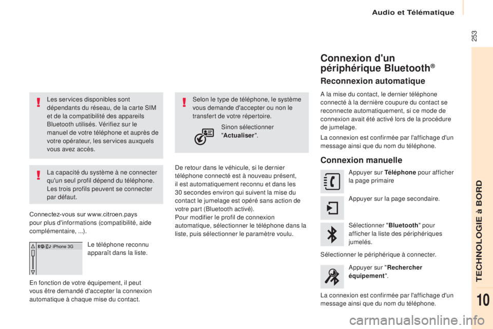 CITROEN BERLINGO MULTISPACE 2017 Notices Demploi (in French) 253
Les services disponibles sont
dépendants du réseau, de la carte SIM
et de la compatibilité des appareils
Bluetooth utilisés. Vérifiez sur le
manuel de votre téléphone et auprès de
vo CITROEN BERLINGO MULTISPACE 2017 Notices Demploi (in French) 253
Les services disponibles sont
dépendants du réseau, de la carte SIM
et de la compatibilité des appareils
Bluetooth utilisés. Vérifiez sur le
manuel de votre téléphone et auprès de
vo