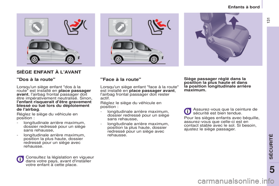 CITROEN BERLINGO MULTISPACE 2015 Notices Demploi (in French) 131 131
SIèGE ENFANT à L'AVANT
Consultez la législation en vigueur
dans votre pays, avant d'installer
votre enfant à cette place.
"dos à la route""Face à la route"
lor CITROEN BERLINGO MULTISPACE 2015 Notices Demploi (in French) 131 131
SIèGE ENFANT à L'AVANT
Consultez la législation en vigueur
dans votre pays, avant d'installer
votre enfant à cette place.
"dos à la route""Face à la route"
lor