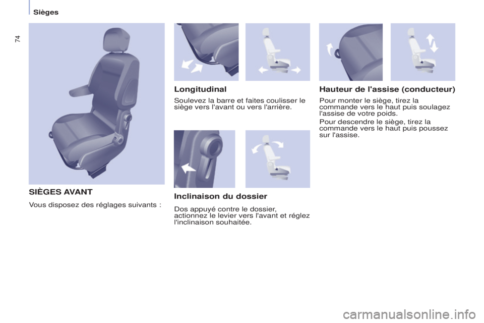 CITROEN BERLINGO MULTISPACE 2015 Notices Demploi (in French) 74
SIèGES AVANT
LongitudinalHauteur de l'assise (conducteur)
Pour monter le siège, tirez la
commande vers le haut puis soulagez
l'assise de votre poids.
Pour descendre le siège, tirez la CITROEN BERLINGO MULTISPACE 2015 Notices Demploi (in French) 74
SIèGES AVANT
LongitudinalHauteur de l'assise (conducteur)
Pour monter le siège, tirez la
commande vers le haut puis soulagez
l'assise de votre poids.
Pour descendre le siège, tirez la