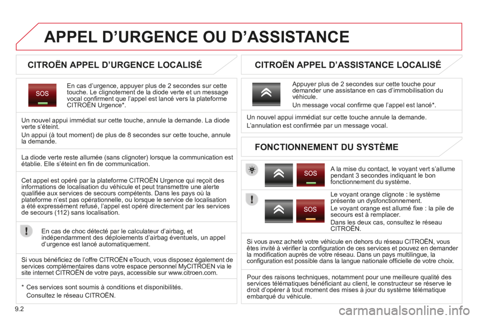 CITROEN BERLINGO MULTISPACE 2014  Notices Demploi (in French) 9.2
APPEL D’URGENCE OU D’ASSISTANCE  
        CITROËN APPEL D’URGENCE LOCALISÉ  
  En cas d’urgence, appuyer plus de 2 secondes sur cette touche. Le clignotement de la diode verte et un mess