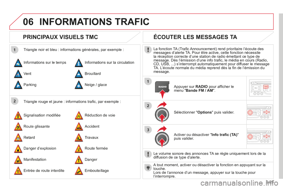 CITROEN BERLINGO MULTISPACE 2014  Notices Demploi (in French) 9.25
06 INFORMATIONS  TRAFIC 
      PRINCIPAUX  VISUELS  TMC 
  Triangle rouge et jaune : informations traﬁ c, par exemple : 
  Triangle noir et bleu : informations générales, par exemple : 
 Info