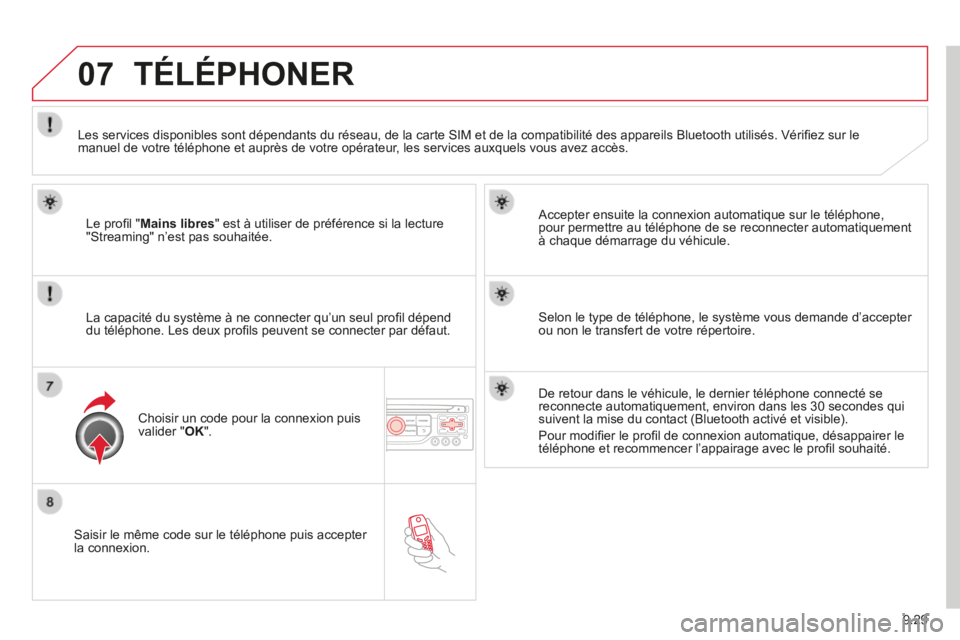 CITROEN BERLINGO MULTISPACE 2014 Notices Demploi (in French) 9.29
07
Saisir le même code sur le téléphone puis accepter la connexion.
Accepter ensuite la connexion automatique sur le téléphone, pour permettre au téléphone de se reconnecter automat CITROEN BERLINGO MULTISPACE 2014 Notices Demploi (in French) 9.29
07
Saisir le même code sur le téléphone puis accepter la connexion.
Accepter ensuite la connexion automatique sur le téléphone, pour permettre au téléphone de se reconnecter automat