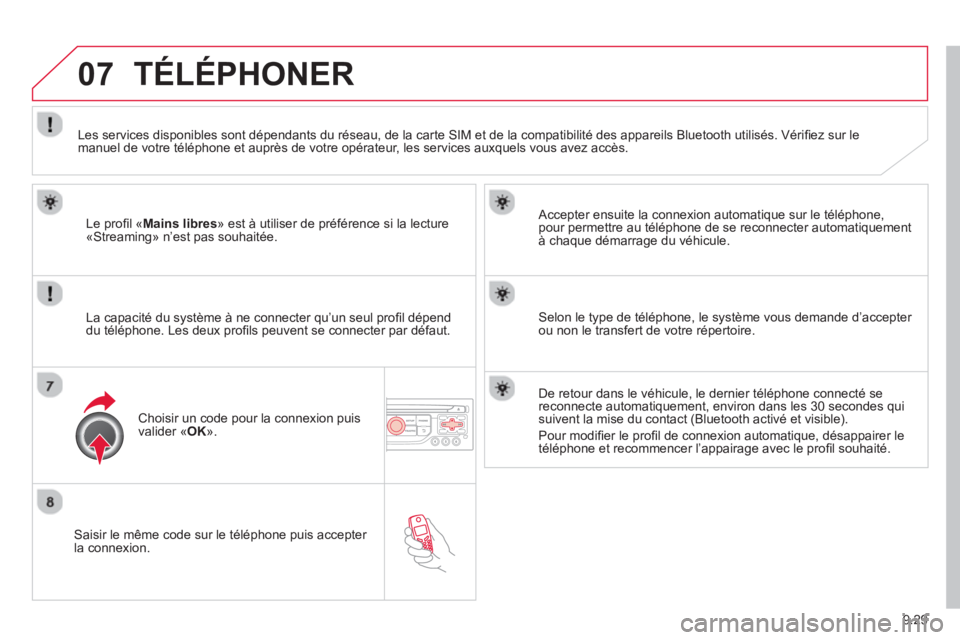 CITROEN BERLINGO MULTISPACE 2013 Notices Demploi (in French) 9.29
07
Saisir le même code sur le téléphone puis accepter la connexion.
Accepter ensuite la connexion automatique sur le téléphone,
pour permettre au téléphone de se reconnecter auto CITROEN BERLINGO MULTISPACE 2013 Notices Demploi (in French) 9.29
07
Saisir le même code sur le téléphone puis accepter la connexion.
Accepter ensuite la connexion automatique sur le téléphone,
pour permettre au téléphone de se reconnecter auto